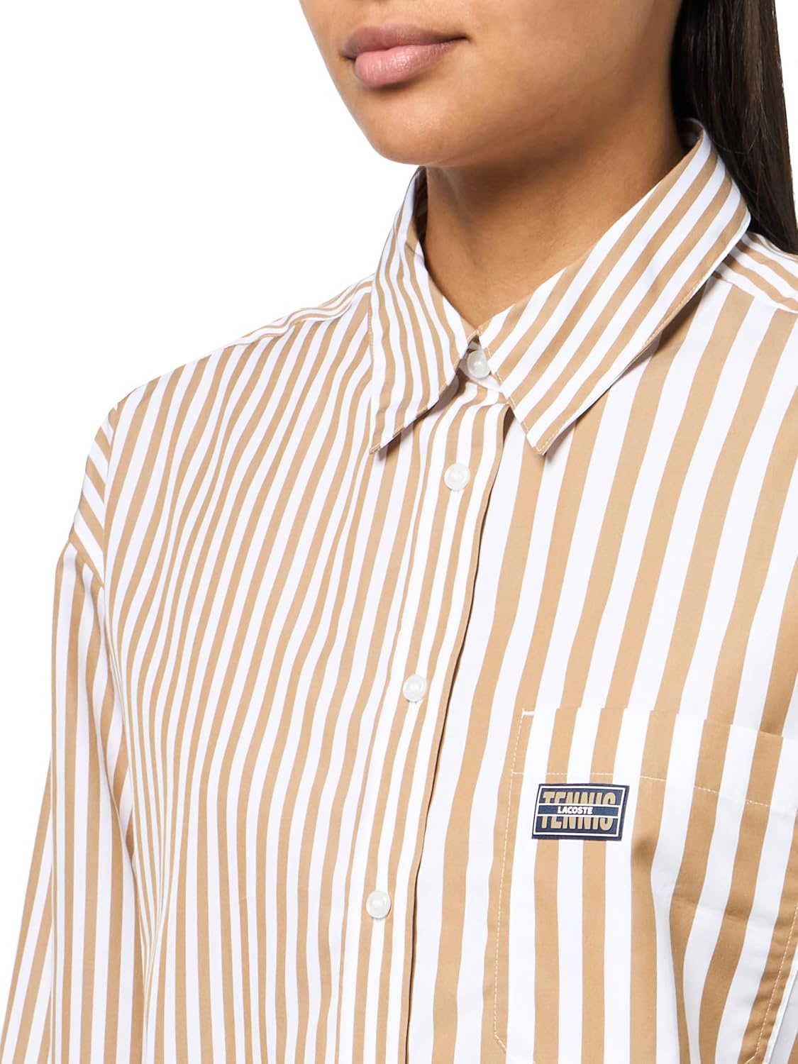 image:imageLacoste x Bandier Womens Cotton Striped Regular Fit Button Down ShirtBeige White