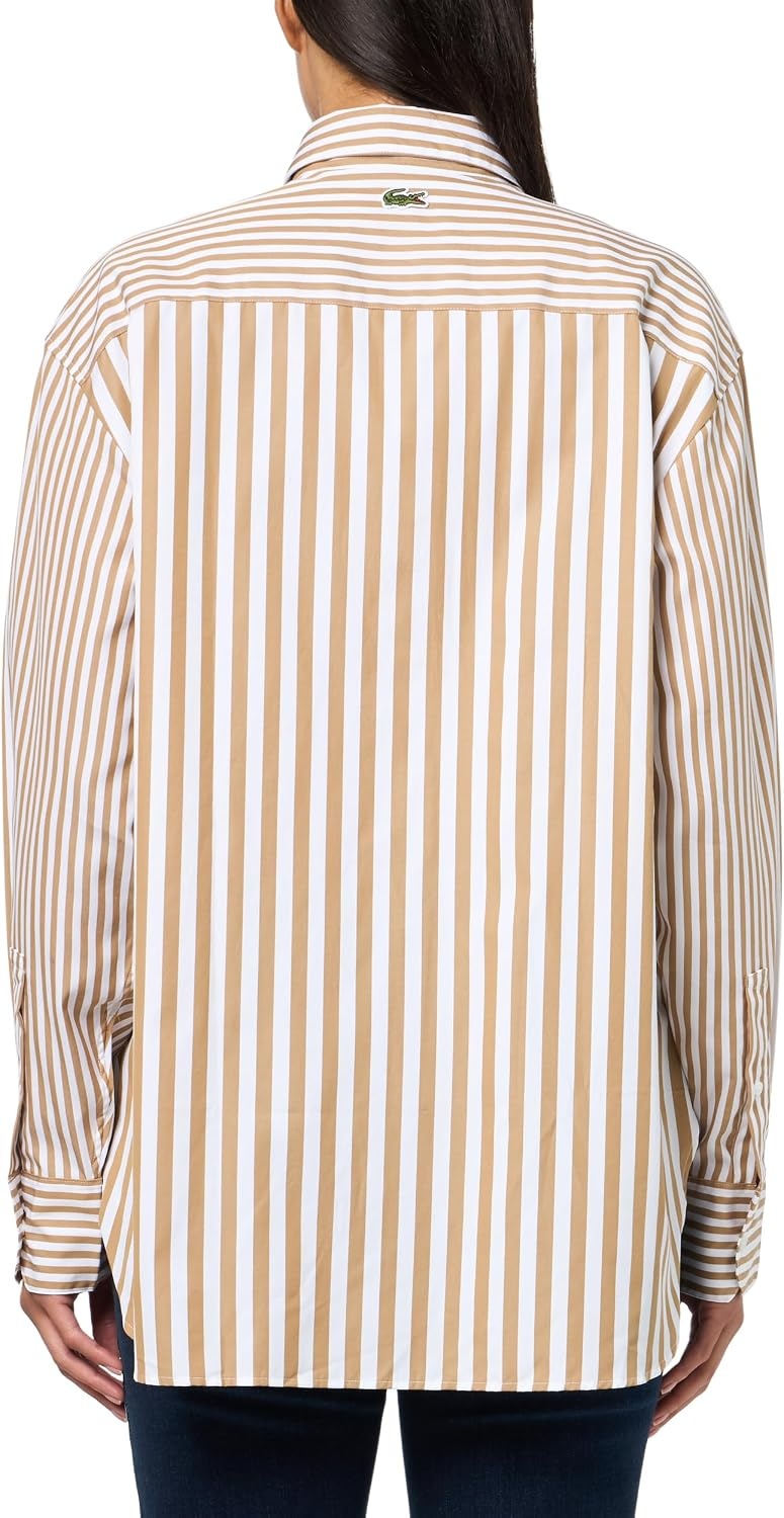 image:imageLacoste x Bandier Womens Cotton Striped Regular Fit Button Down ShirtBeige White