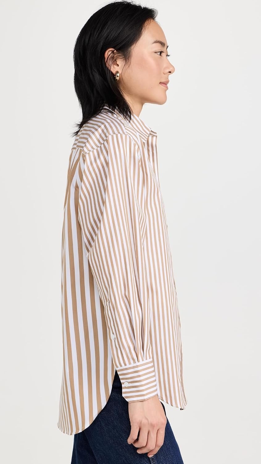 image:imageLacoste x Bandier Womens Cotton Striped Regular Fit Button Down ShirtBeigeWhite