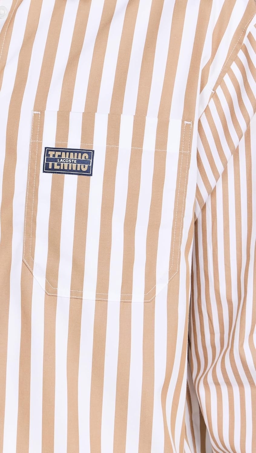 image:imageLacoste x Bandier Womens Cotton Striped Regular Fit Button Down ShirtBeigeWhite
