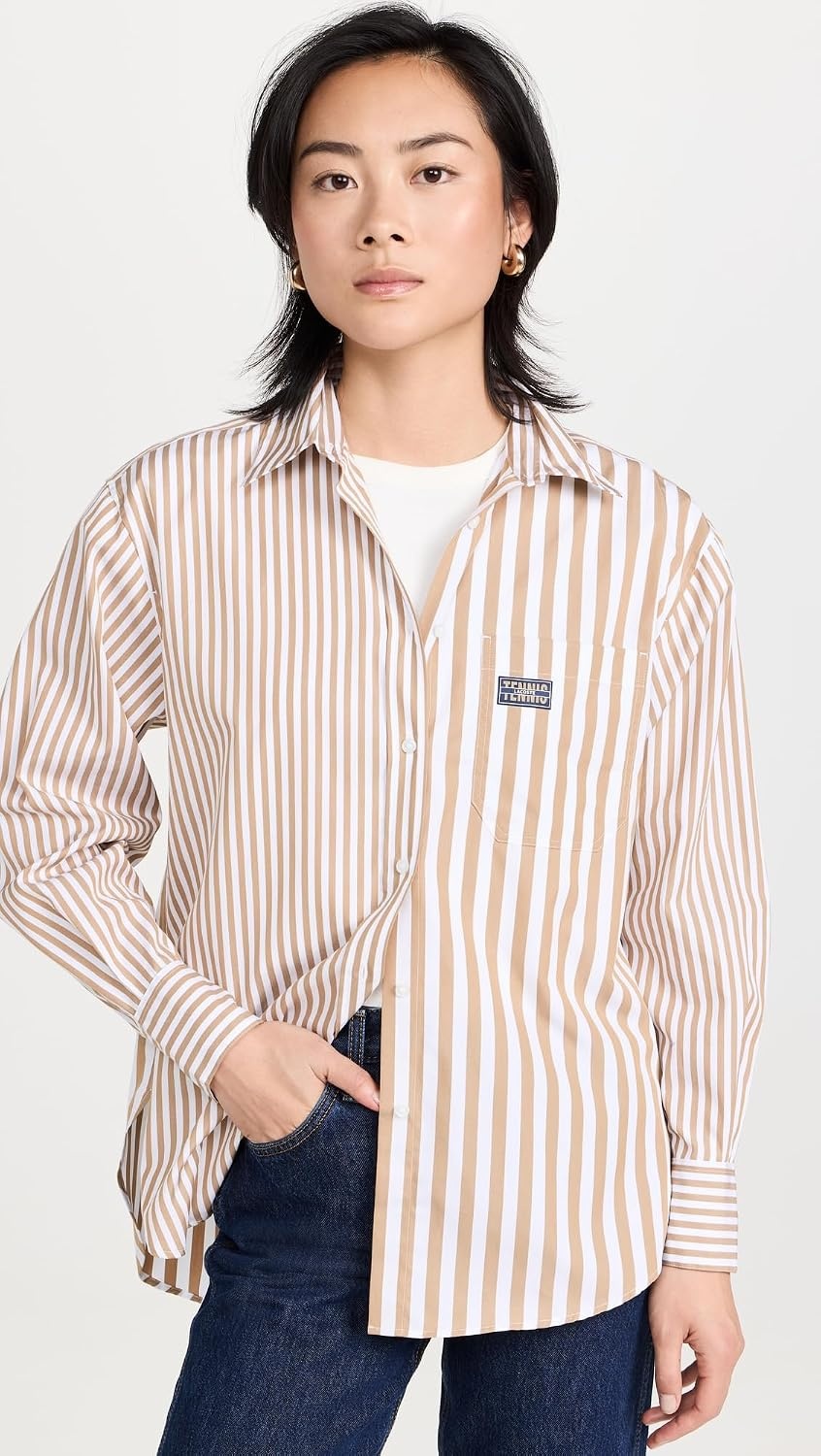 image:imageLacoste x Bandier Womens Cotton Striped Regular Fit Button Down ShirtBeigeWhite