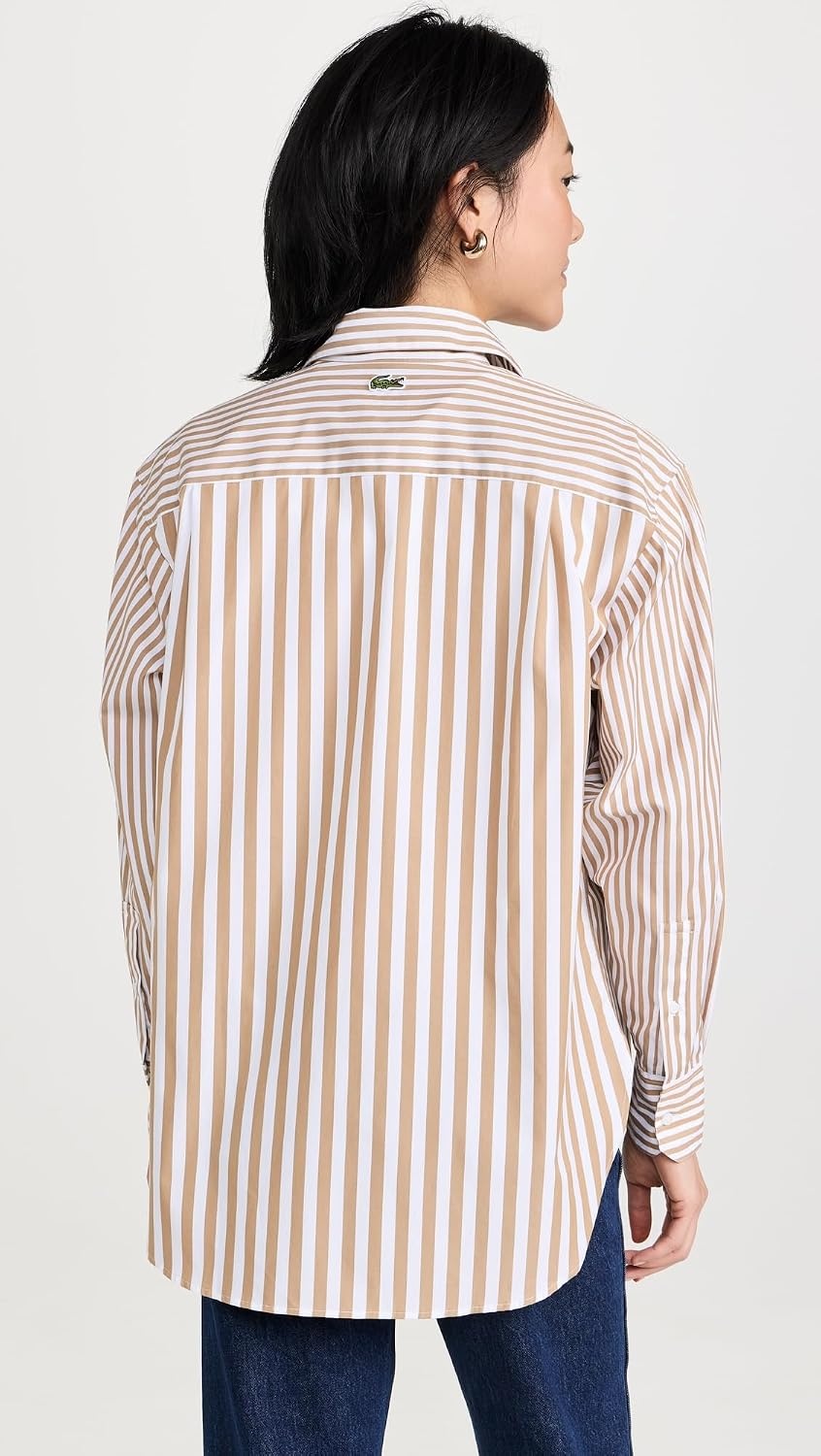 image:imageLacoste x Bandier Womens Cotton Striped Regular Fit Button Down ShirtBeigeWhite