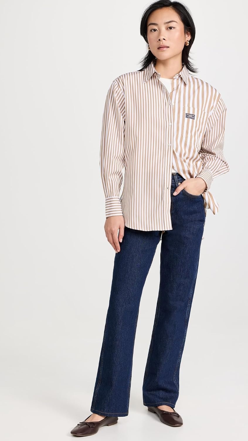 image:imageLacoste x Bandier Womens Cotton Striped Regular Fit Button Down ShirtBeigeWhite