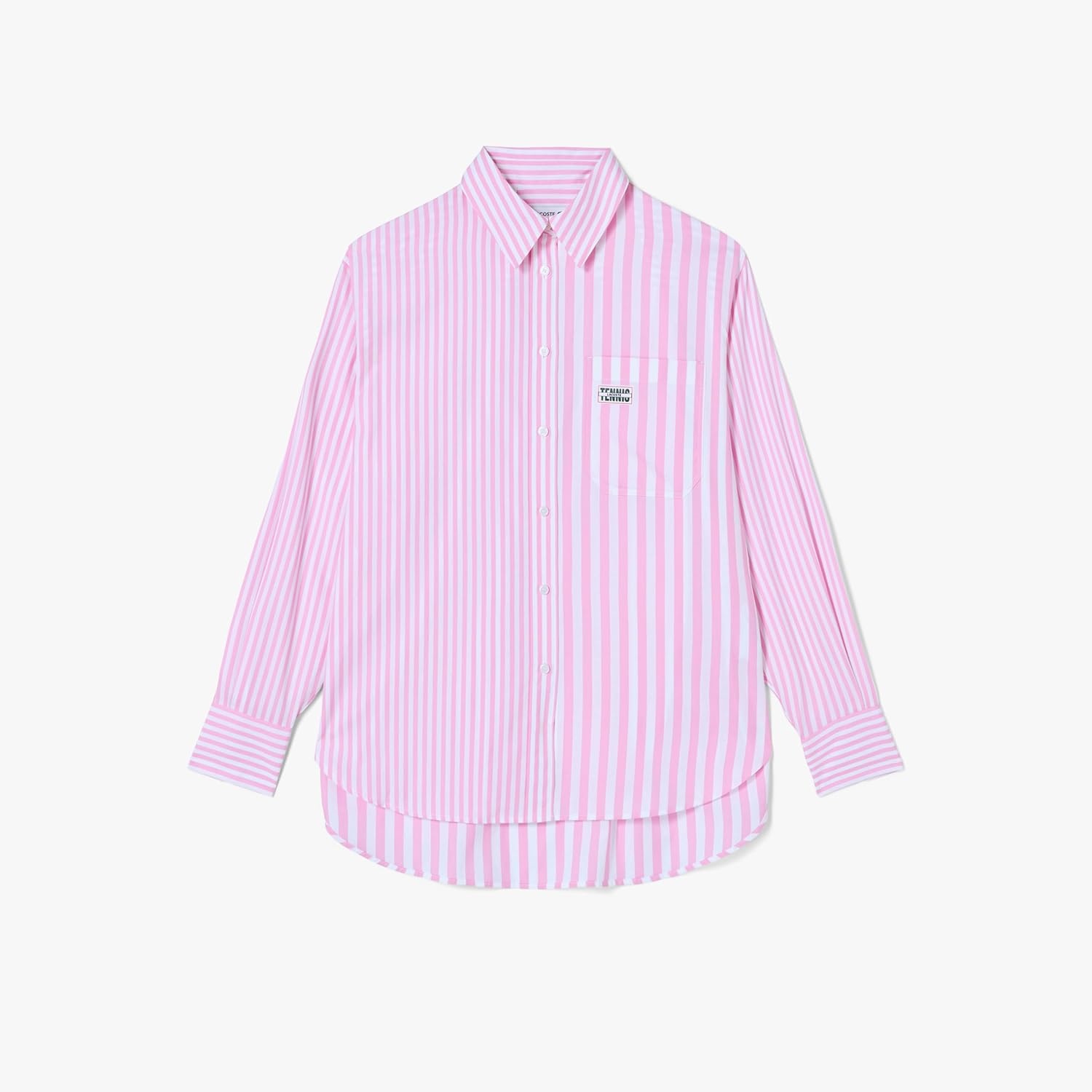 image:imageLacoste x Bandier Womens Cotton Striped Regular Fit Button Down ShirtPinkWhite