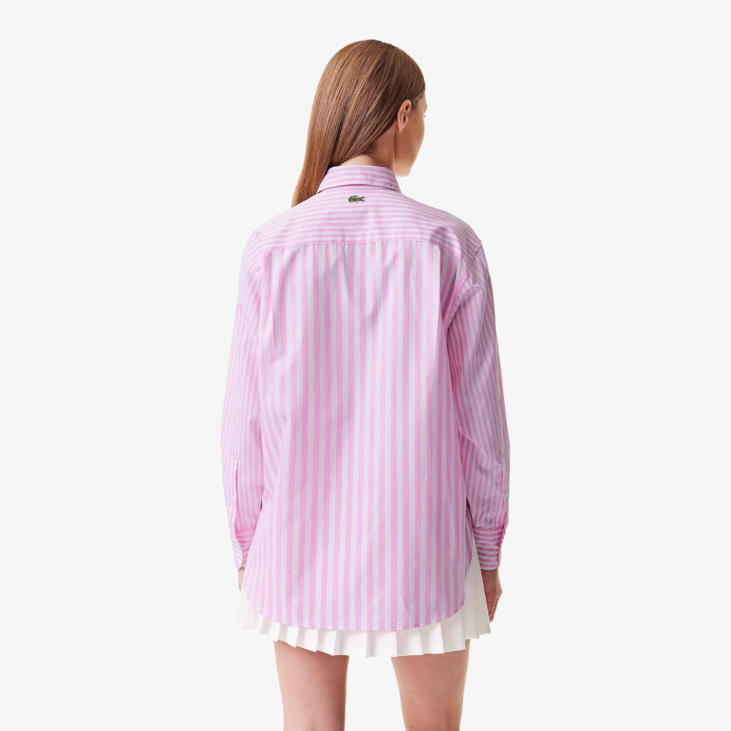 image:imageLacoste x Bandier Womens Cotton Striped Regular Fit Button Down ShirtPinkWhite
