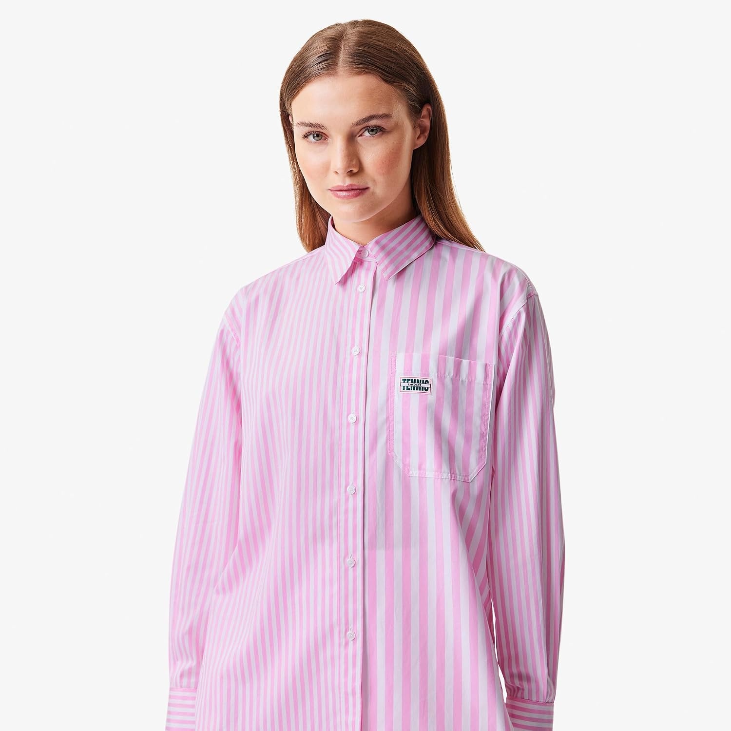 image:imageLacoste x Bandier Womens Cotton Striped Regular Fit Button Down ShirtPinkWhite