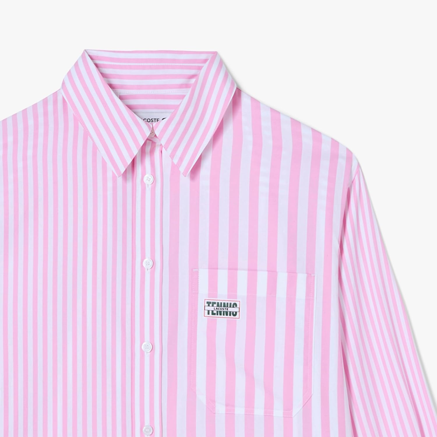 image:imageLacoste x Bandier Womens Cotton Striped Regular Fit Button Down ShirtPinkWhite