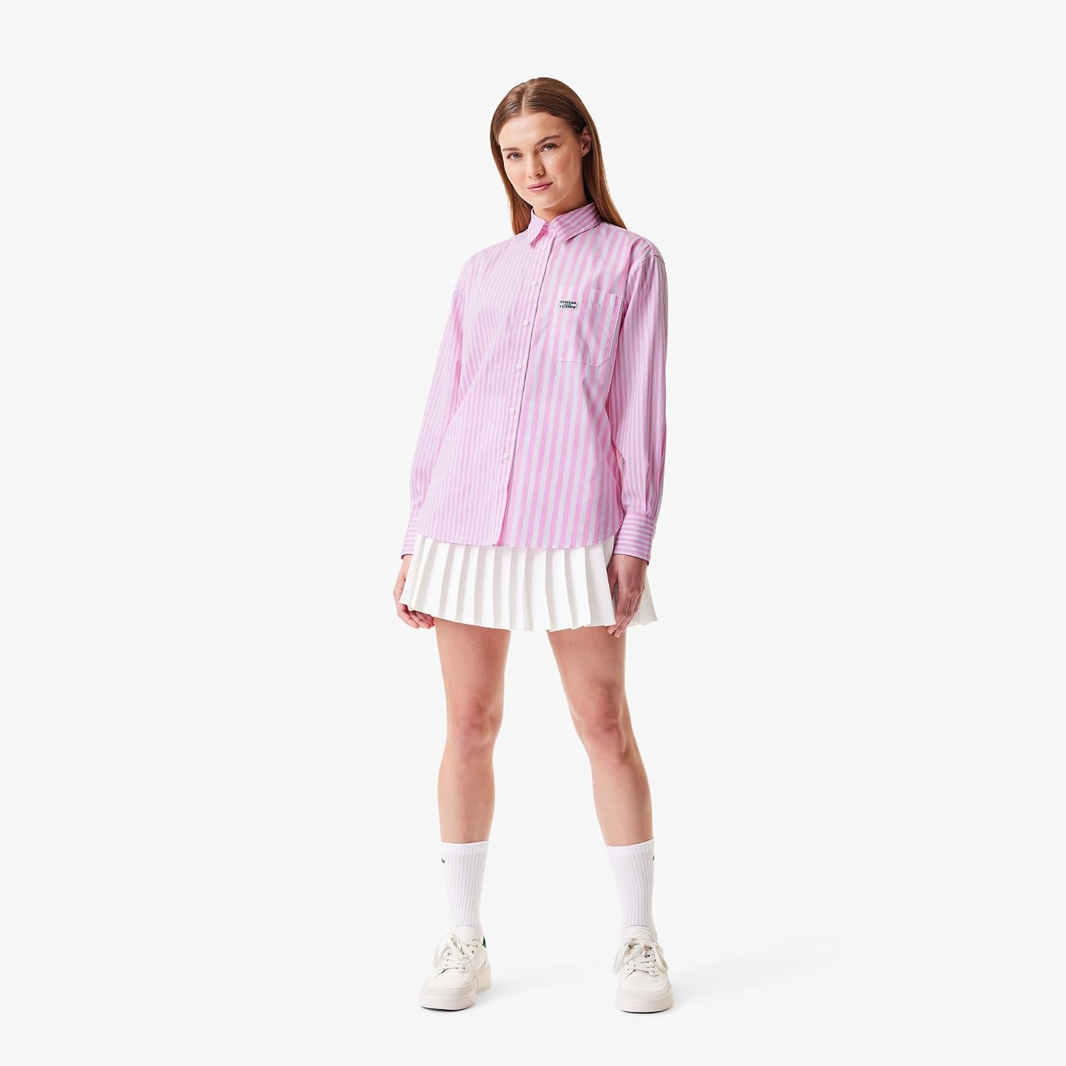 image:imageLacoste x Bandier Womens Cotton Striped Regular Fit Button Down ShirtPinkWhite