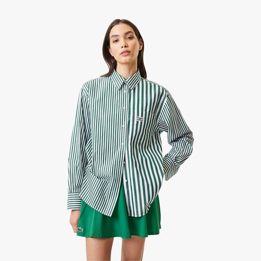 image:imageLacoste x Bandier Womens Cotton Striped Regular Fit Button Down ShirtRocket GreenWhite