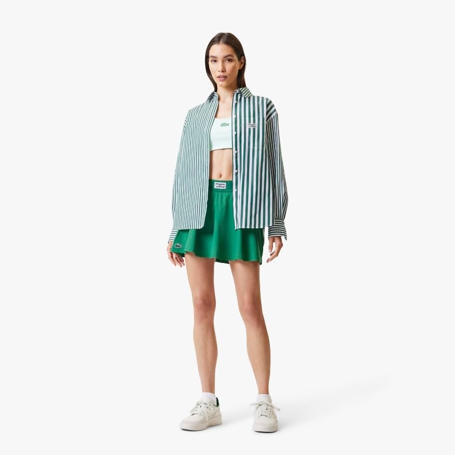 image:imageLacoste x Bandier Womens Cotton Striped Regular Fit Button Down ShirtRocket GreenWhite