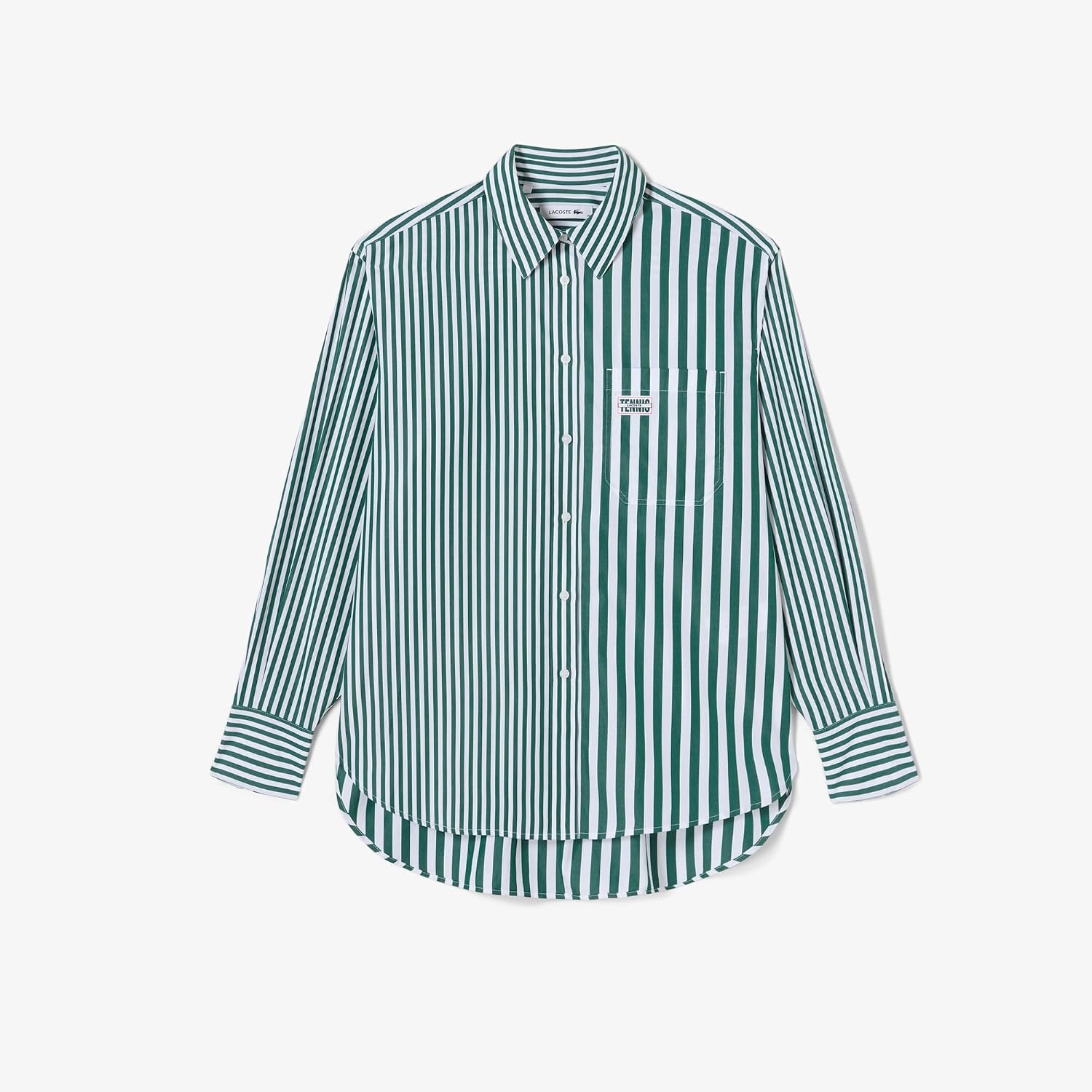 image:imageLacoste x Bandier Womens Cotton Striped Regular Fit Button Down ShirtRocket GreenWhite