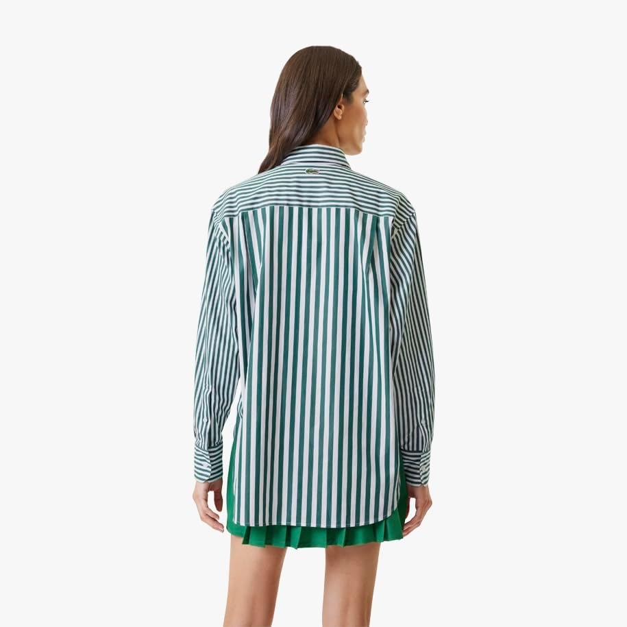 image:imageLacoste x Bandier Womens Cotton Striped Regular Fit Button Down ShirtRocket GreenWhite