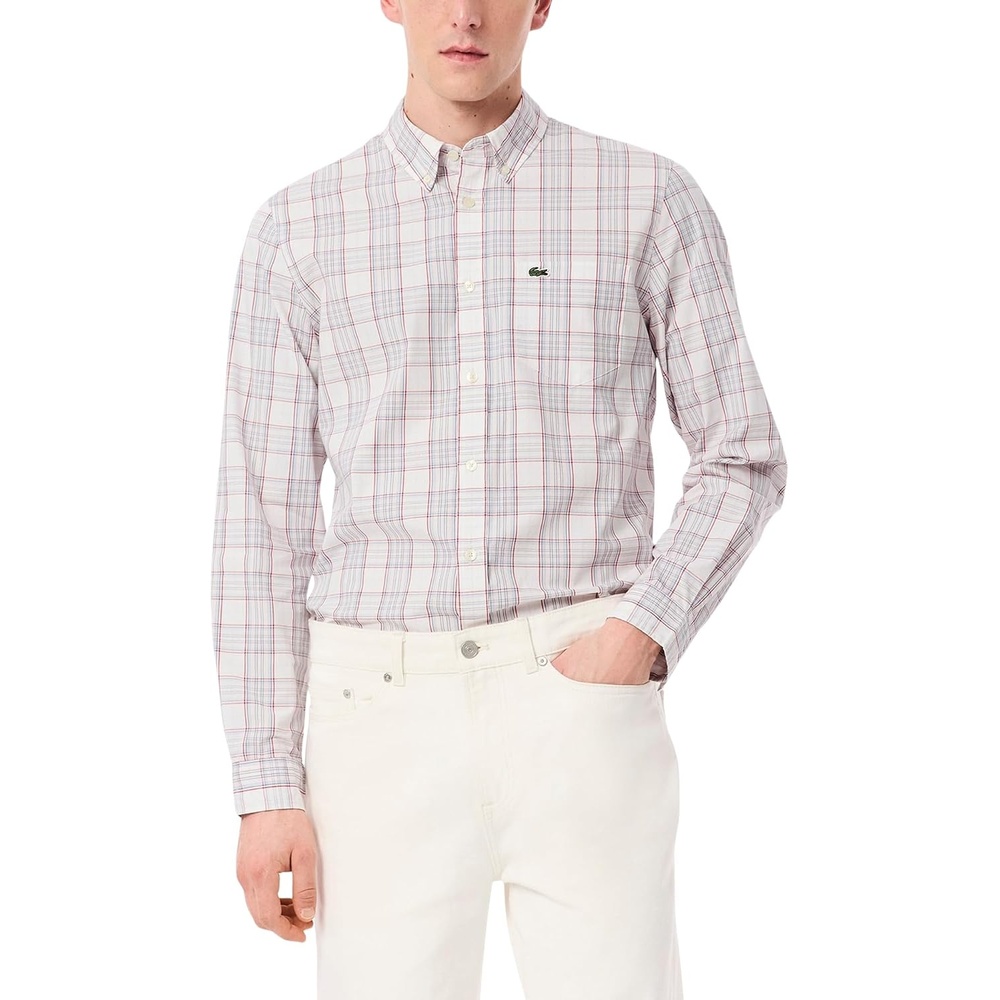 image:imageLacoste Mens Check Print Stretch ShirtWhite Flamingo Red