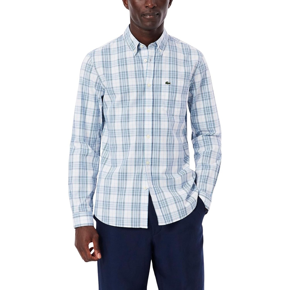 image:imageLacoste Mens Check Print Stretch ShirtWhite Overview Gipsy Blue