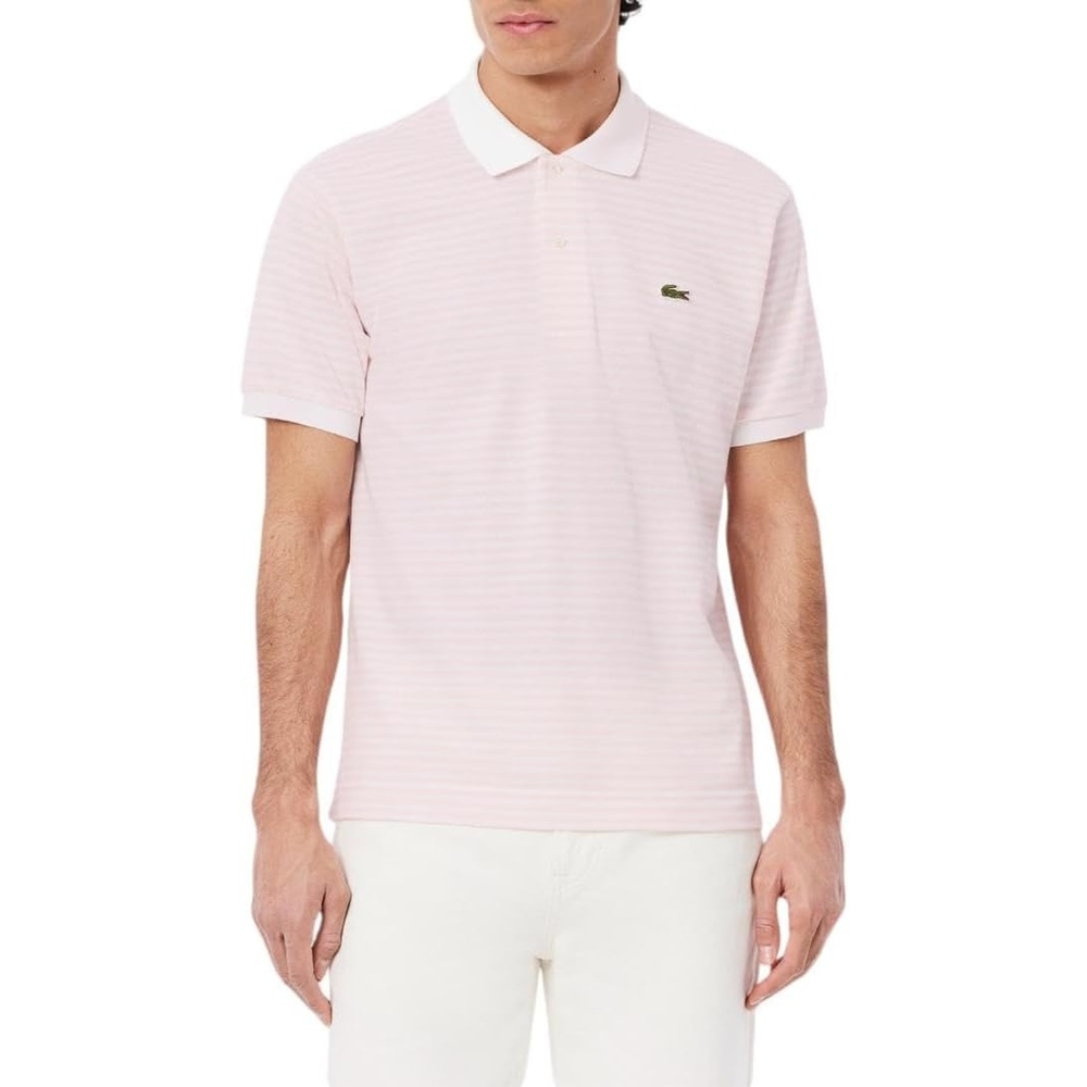 image:imageLacoste Mens Classic Fit L1212 Striped Petit Piqu Polo ShirtWhite Flamingo
