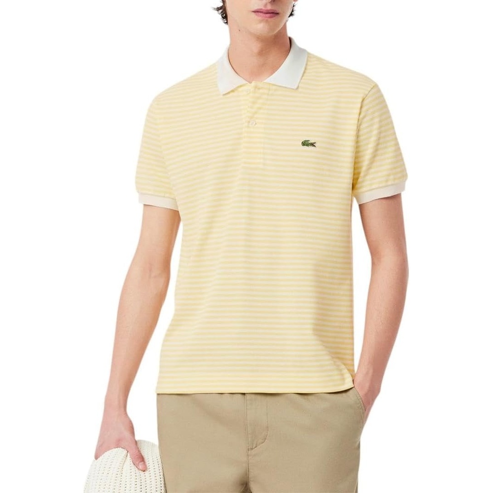 image:imageLacoste Mens Classic Fit L1212 Striped Petit Piqu Polo ShirtWhite Yellow