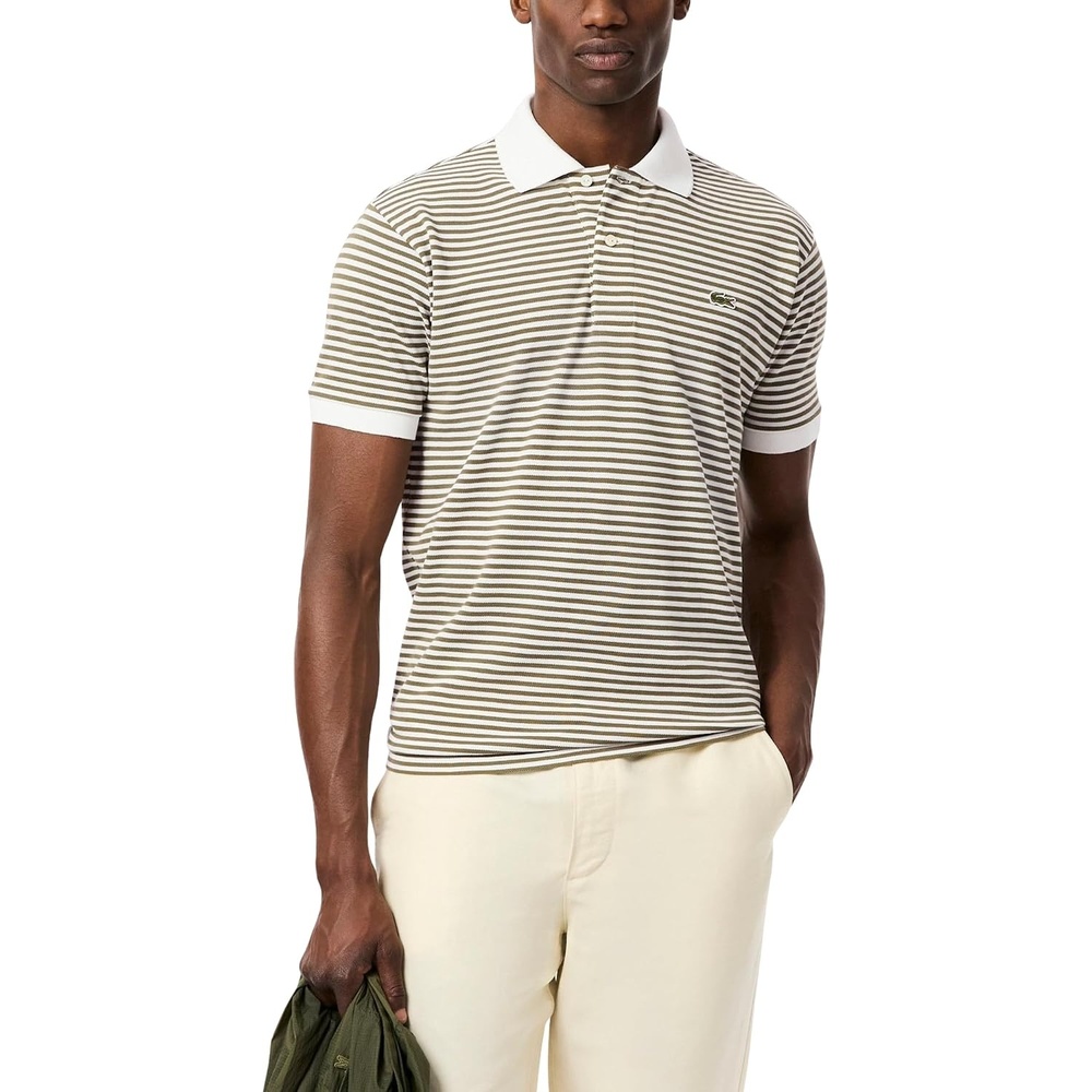 image:imageLacoste Mens Classic Fit L1212 Striped Petit Piqu Polo ShirtWhiteOlive