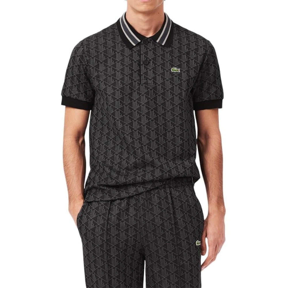 image:imageLacoste Mens Classic Fit Monogram Jacquard Polo ShirtBlackGraphite