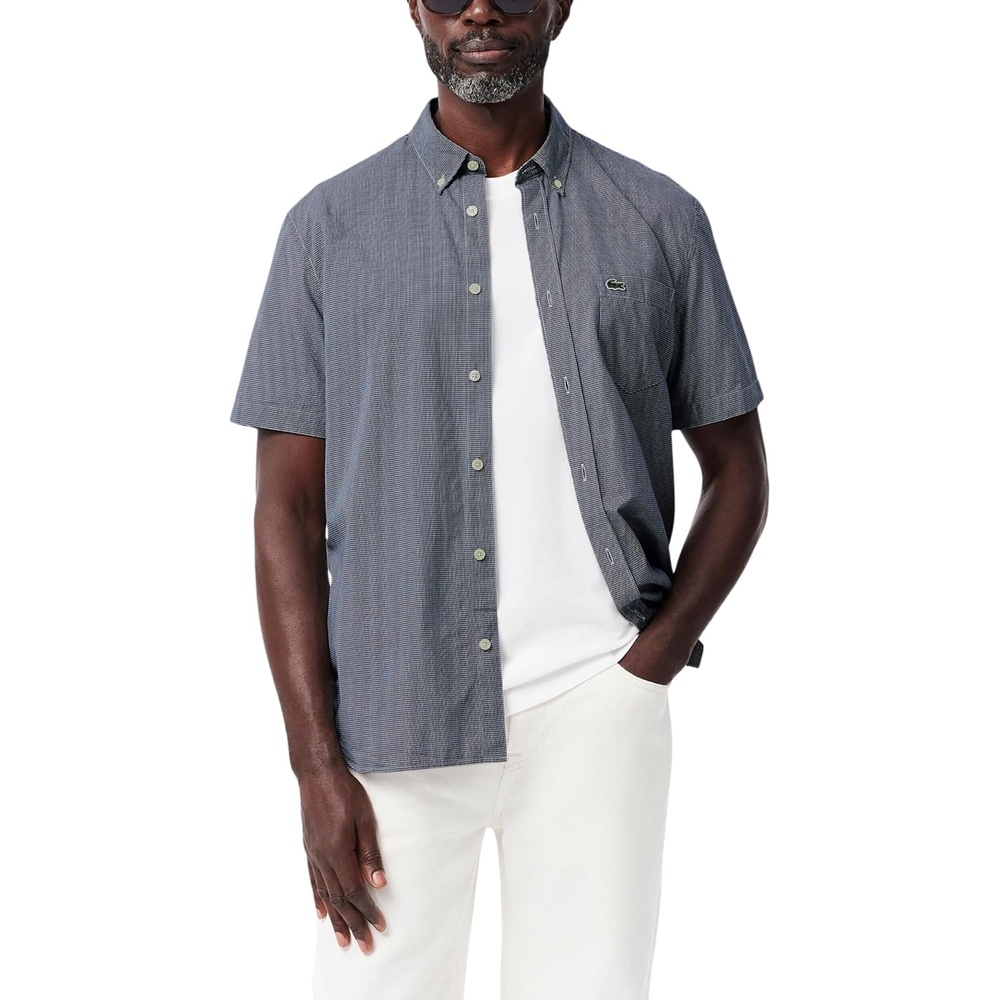 image:imageLacoste Mens Core Collection Regular Fit Short Sleeve Checked ShirtWhiteNavy Blue Gingham
