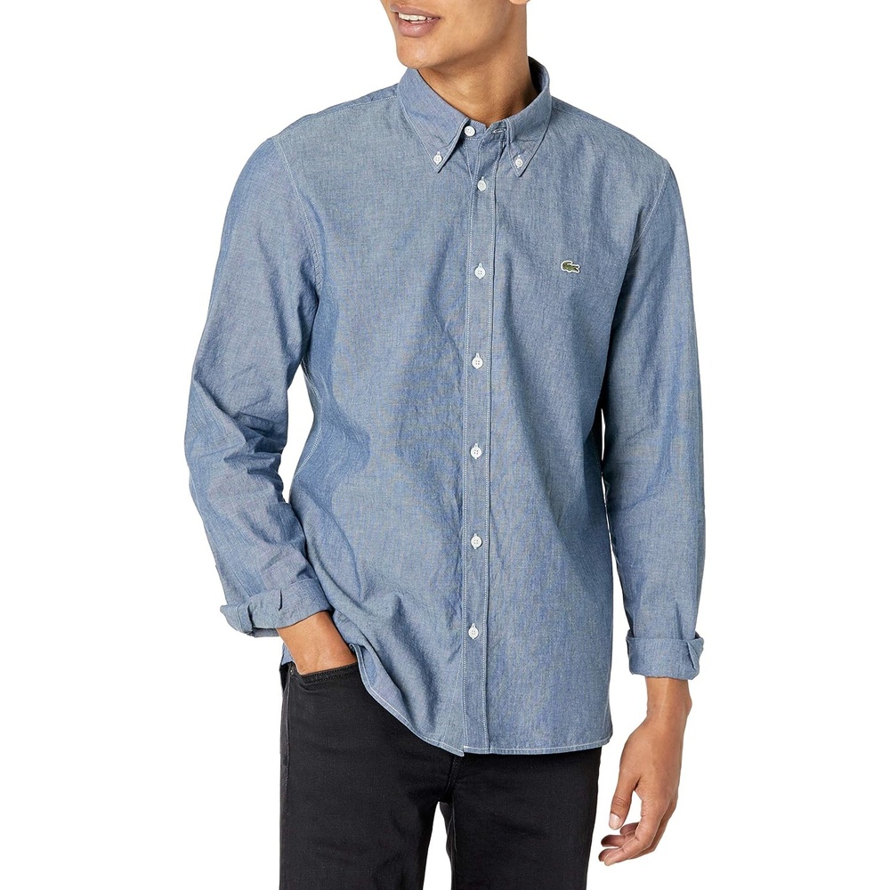 image:imageLacoste Mens Long Sleeve Chambray Slim Fit Button Down ShirtDeep Medium