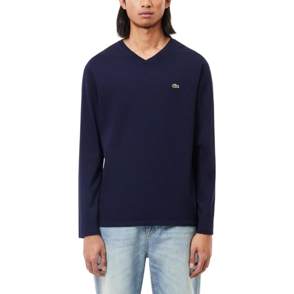 image:imageLacoste Mens Long Sleeve Lightweight Cotton Pima VNeck TShirtNavy Blue
