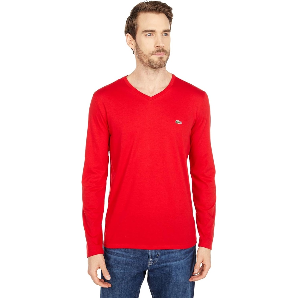 image:imageLacoste Mens Long Sleeve Lightweight Cotton Pima VNeck TShirtRed
