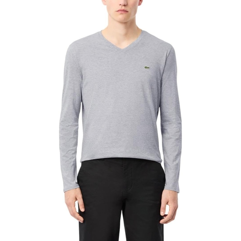 image:imageLacoste Mens Long Sleeve Lightweight Cotton Pima VNeck TShirtSilver Chine