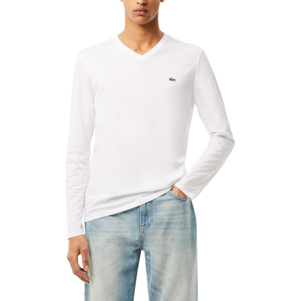 image:imageLacoste Mens Long Sleeve Lightweight Cotton Pima VNeck TShirtWhite