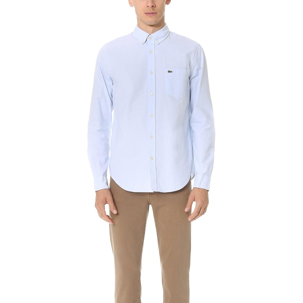 image:imageLacoste Mens Long Sleeve Regular Fit Woven Button Down ShirtHemisphere Blue