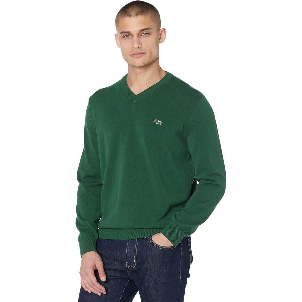 image:imageLacoste Mens Monochrome Cotton Vneck SweaterAppalachan Green