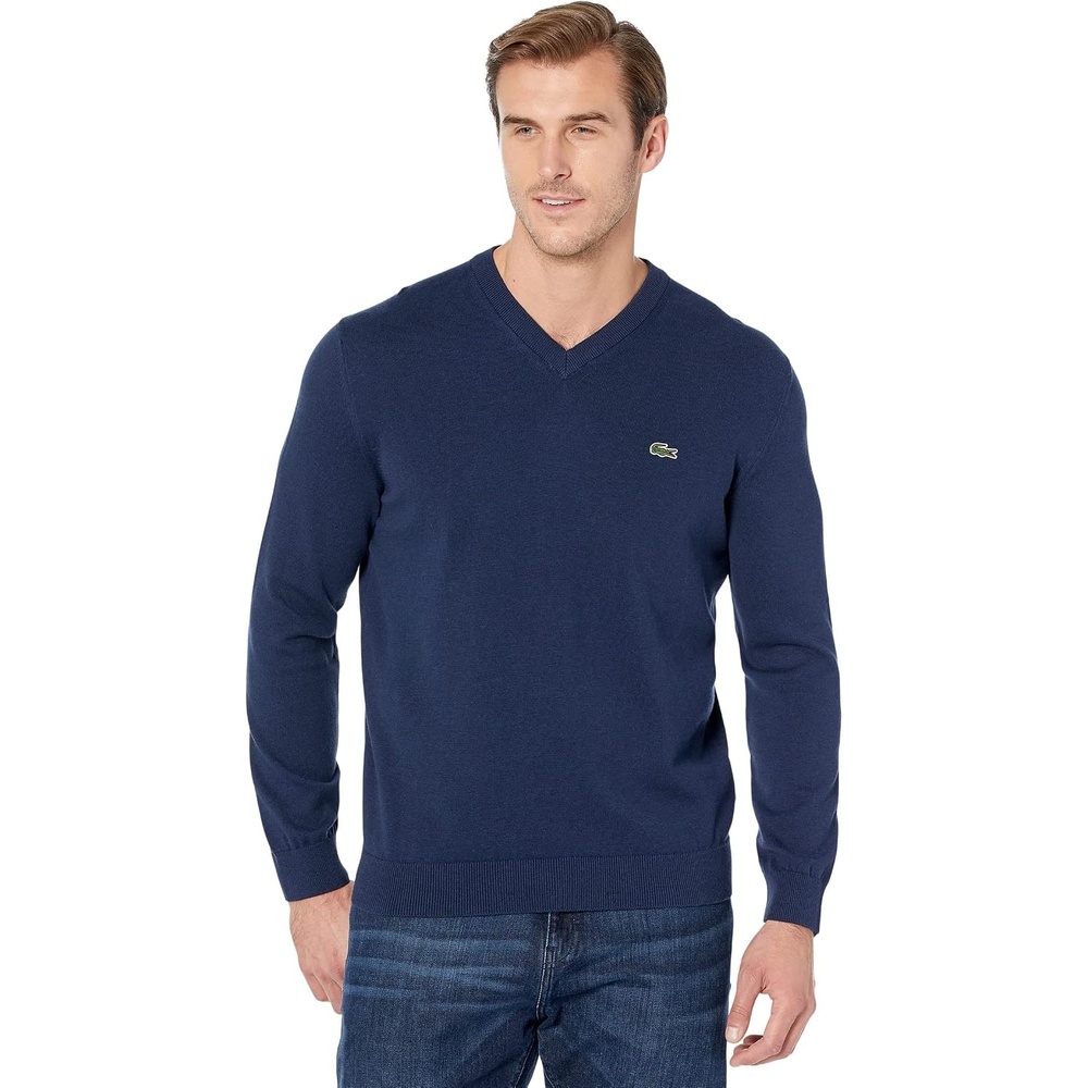 image:imageLacoste Mens Monochrome Cotton Vneck SweaterDark Indigo Blue