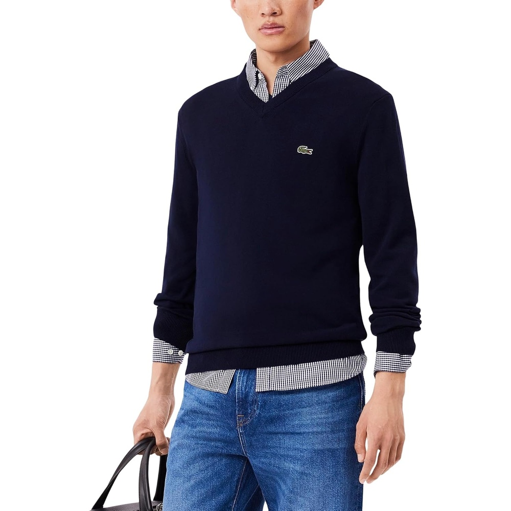 image:imageLacoste Mens Monochrome Cotton Vneck SweaterNavy Blue
