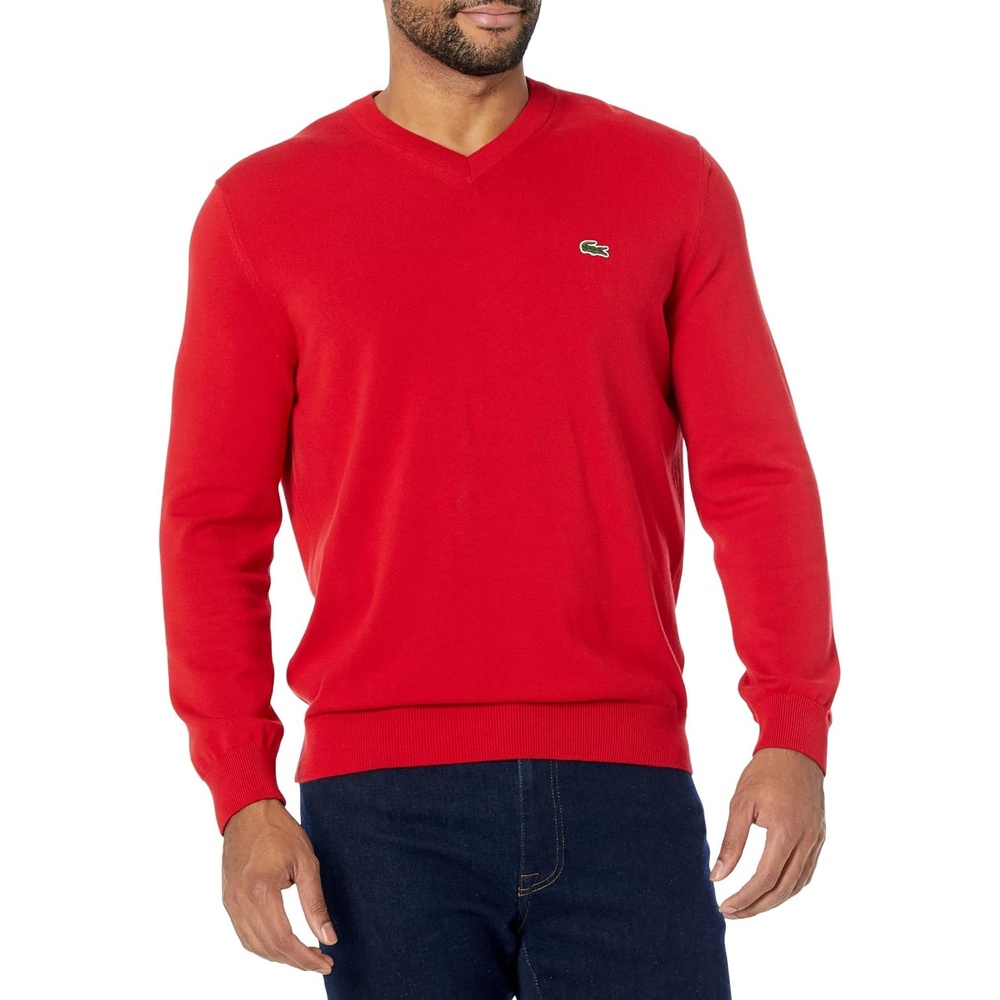 image:imageLacoste Mens Monochrome Cotton Vneck SweaterRed