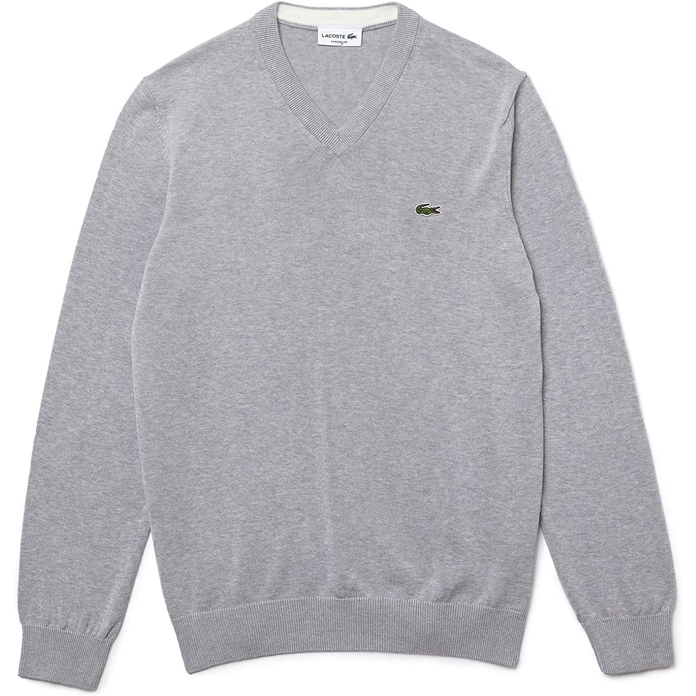 image:imageLacoste Mens Monochrome Cotton Vneck SweaterSilver Chine
