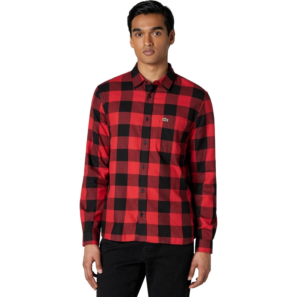 image:imageLacoste Mens Regular Fit Cotton amp Wool OvershirtBlackRed