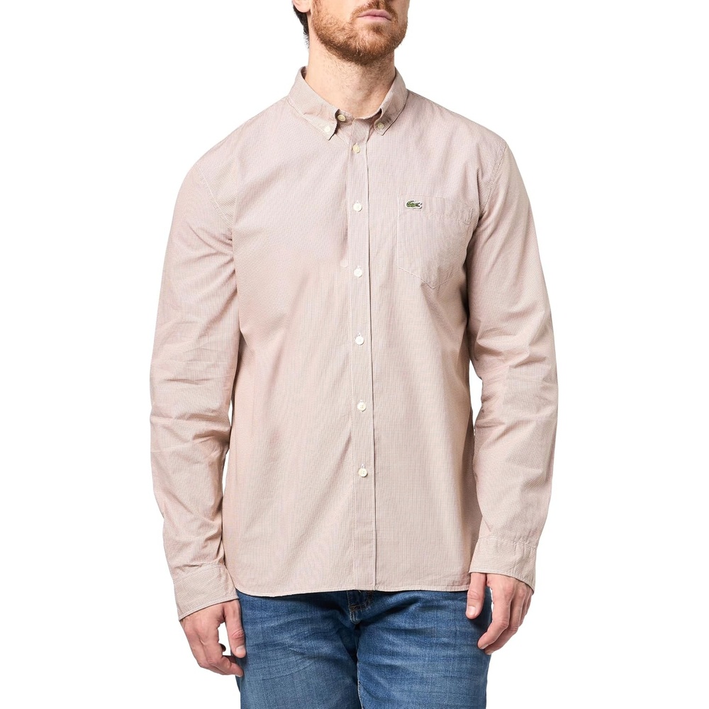 image:imageLacoste Mens Regular Fit Gingham Poplin ShirtWhiteDate Brown