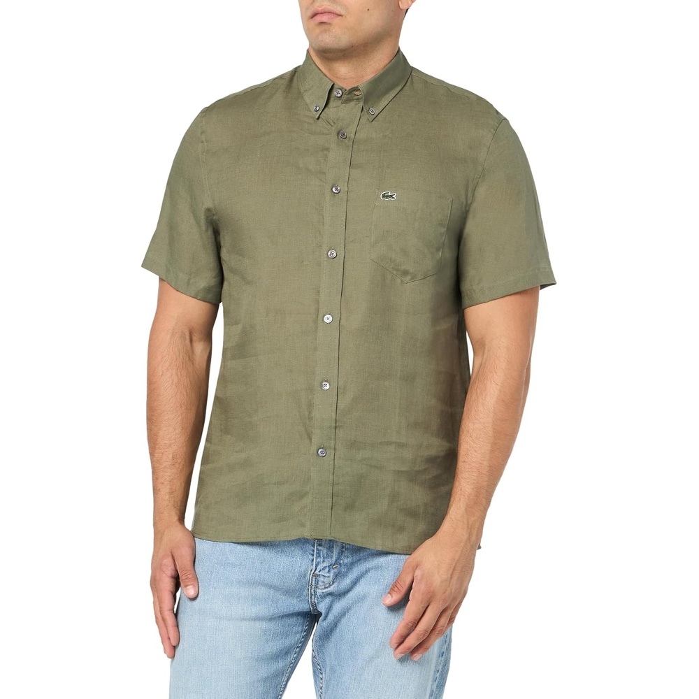 image:imageLacoste Mens Regular Fit Linen Casual Button DownTank Green