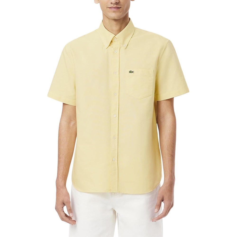 image:imageLacoste Mens Regular Fit Short Sleeved Oxford ShirtYellowWhite
