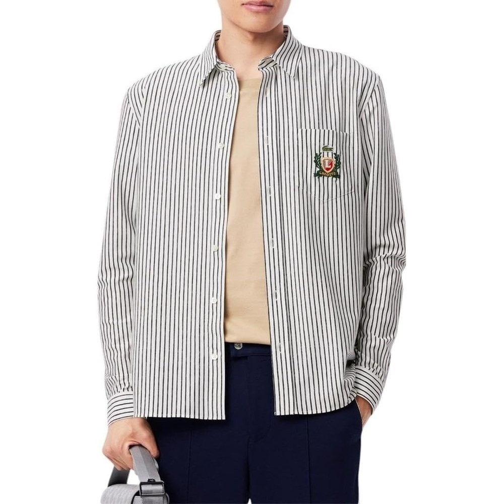 image:imageLacoste Mens Regular Fit Striped Cotton ShirtWhite Abysm