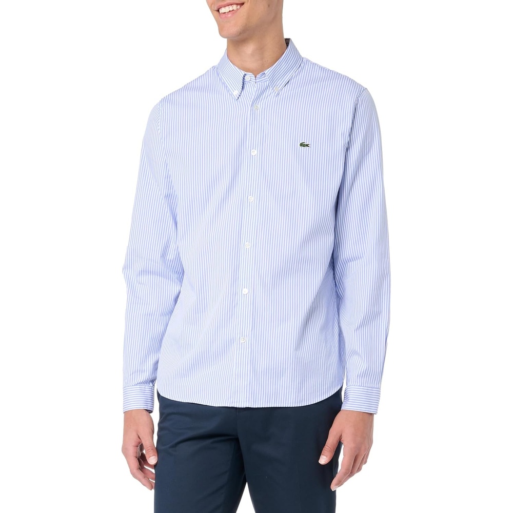 image:imageLacoste Mens Regular Fit Striped Cotton ShirtWhiteBlue