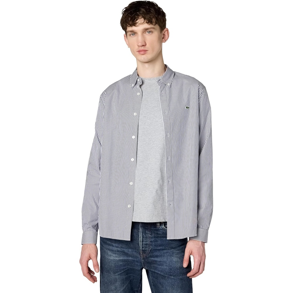 image:imageLacoste Mens Regular Fit Striped Cotton ShirtWhiteNavy Blue