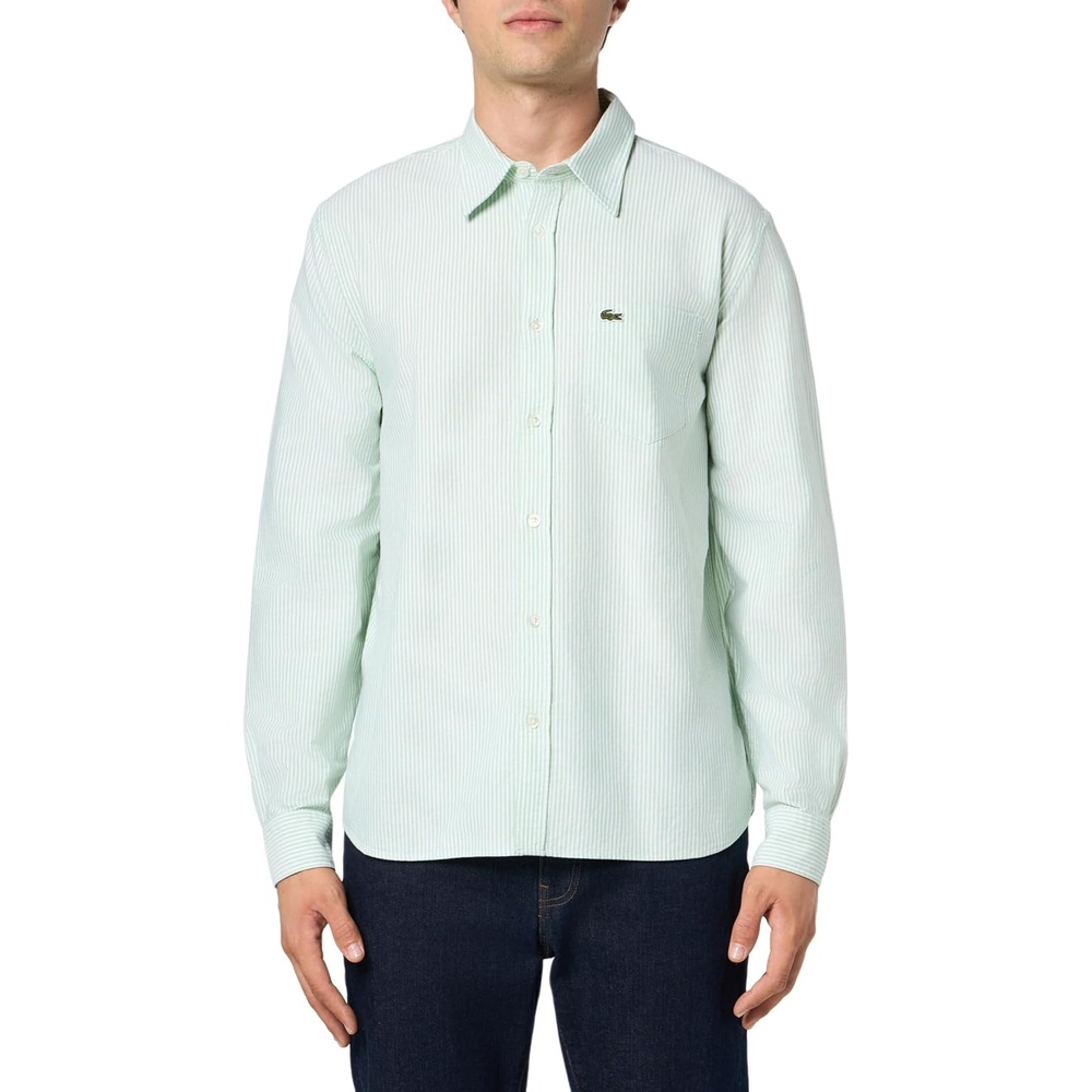 image:imageLacoste Mens Regular Fit Striped Oxford ShirtWhiteLiamone Pocket