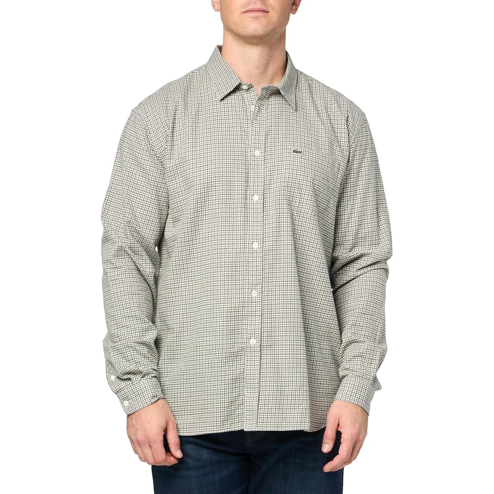 image:imageLacoste Mens Regular Fit Twill Checkered Collared Button Down ShirtKhaki Popeline