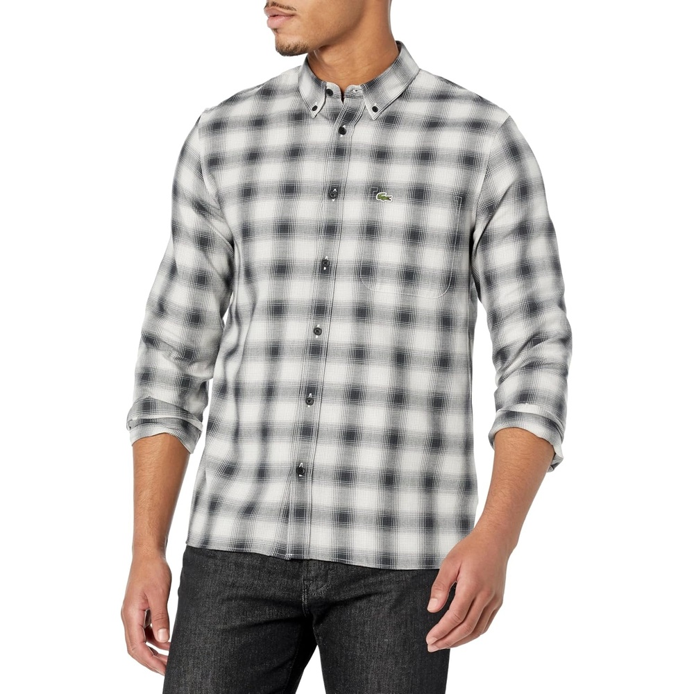 image:imageLacoste Mens Regular Fit Wool amp Cotton Flannel ShirtBlackMultico