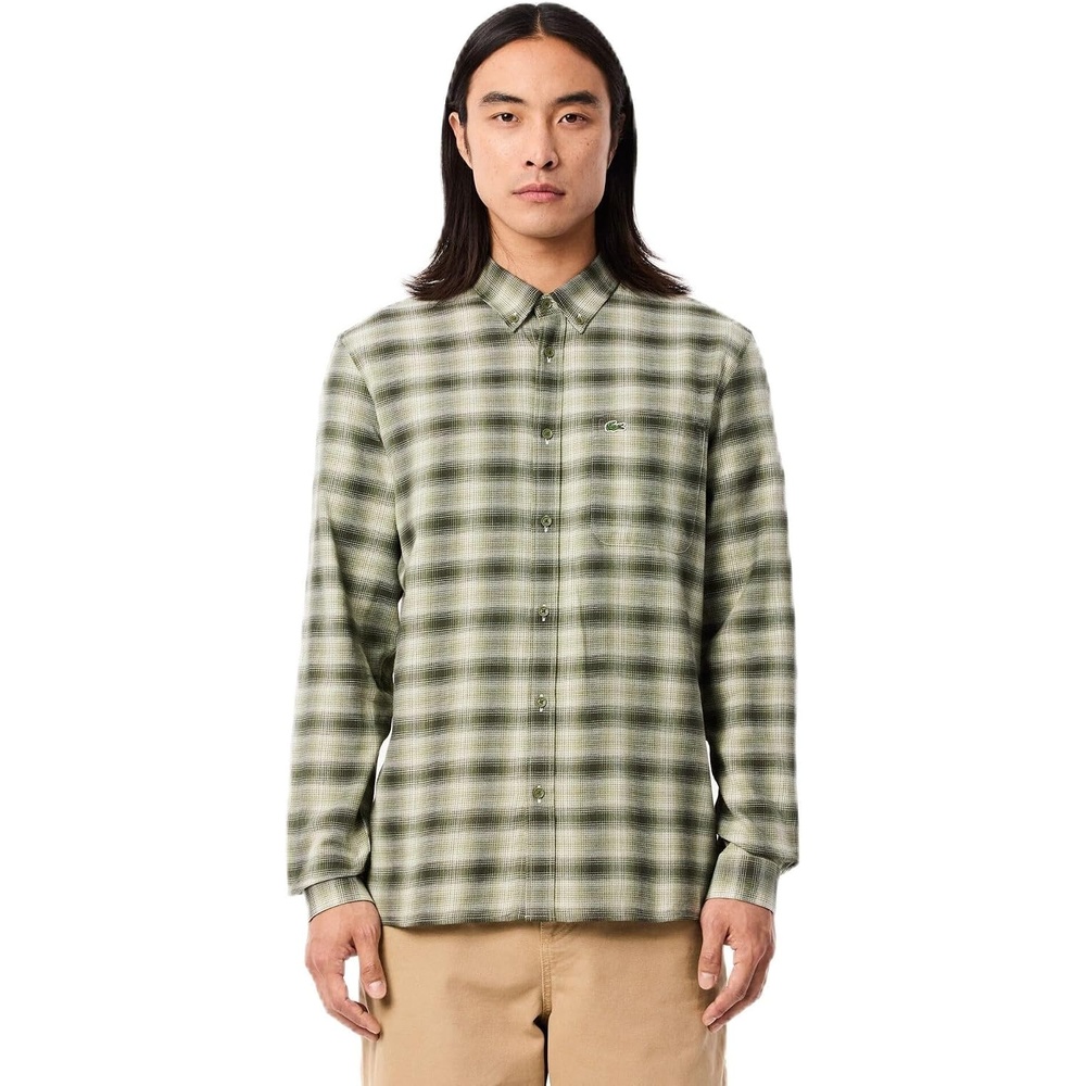 image:imageLacoste Mens Regular Fit Wool amp Cotton Flannel ShirtKhaki Medium Check