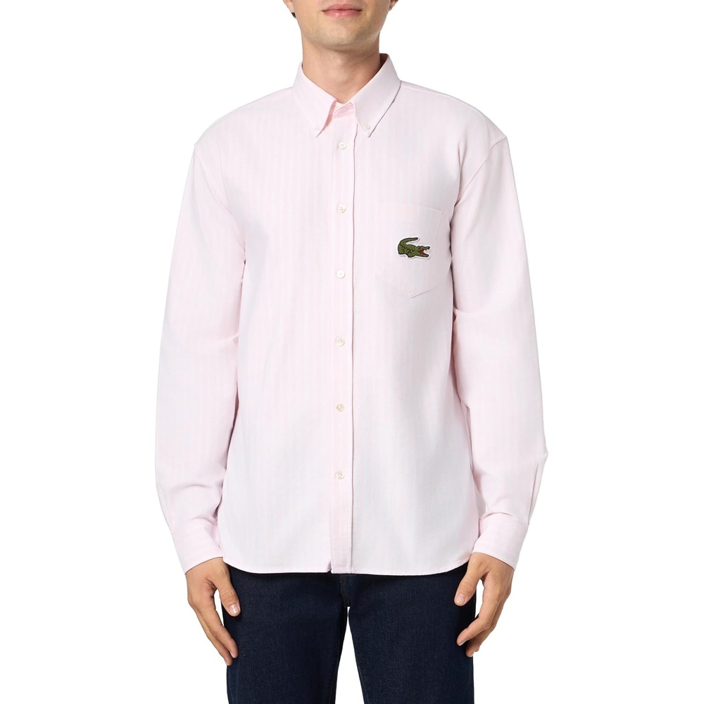 image:imageLacoste Mens Relaxed Fit Striped Oxford ShirtFlamingo Pink White