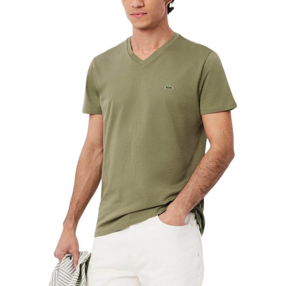 image:imageLacoste Mens Short Sleeve VNeck Pima Cotton Jersey TShirtKhaki