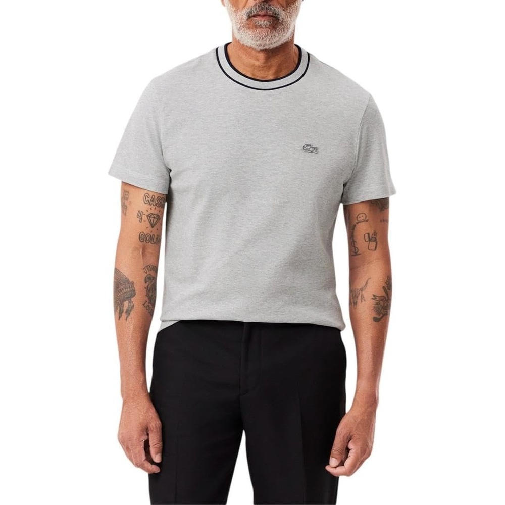 image:imageLacoste Mens Stretch Piqu Stripe Collar TShirtSilver Chine Striped Collar