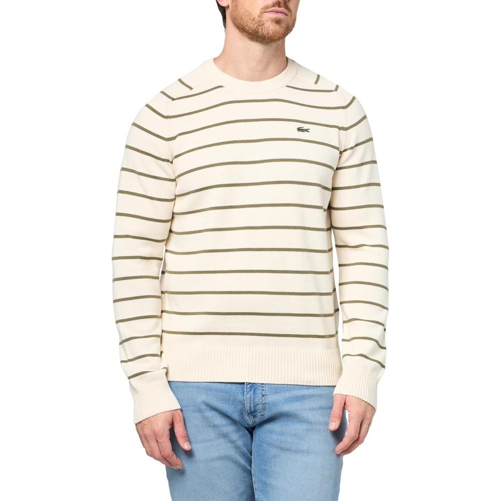 image:imageLacoste Mens Striped 3D Knit Cotton Crew Neck SweaterLaplandOlive