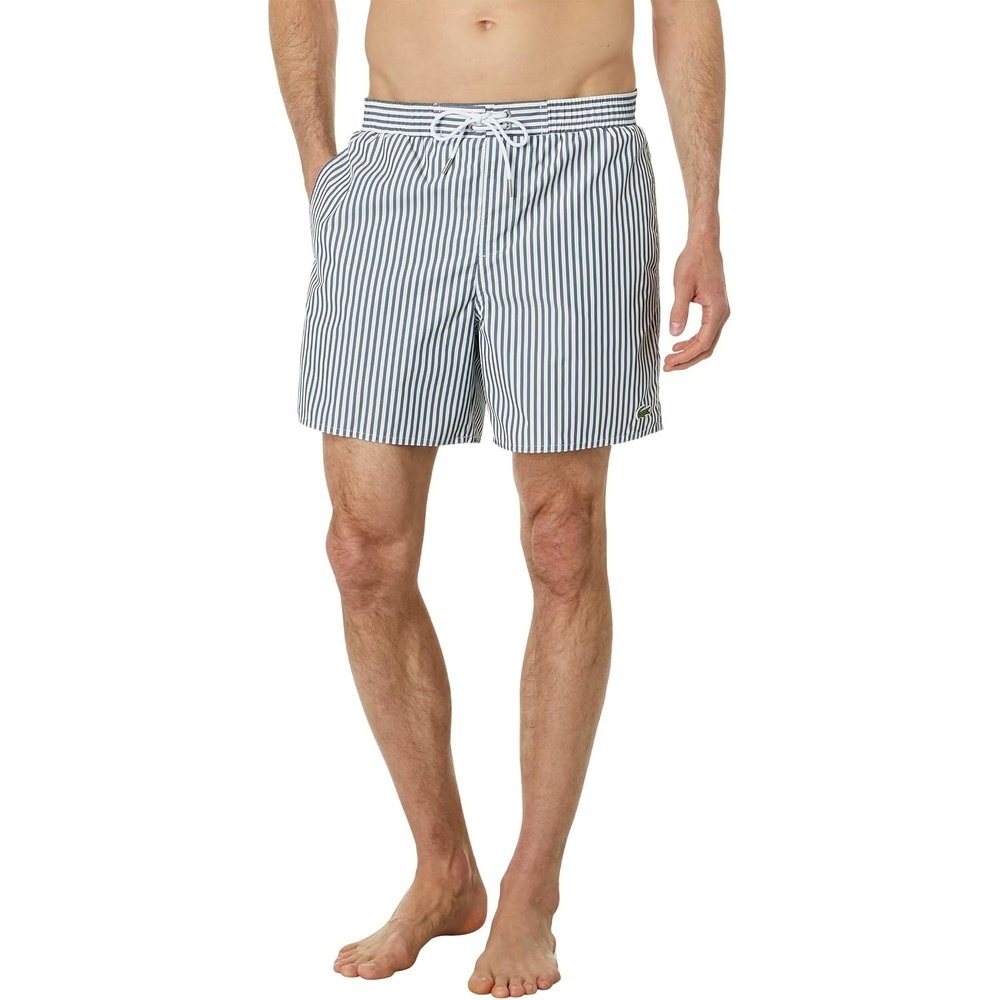 image:imageLacoste Mens Striped Swim TrunksNavy BlueFlour
